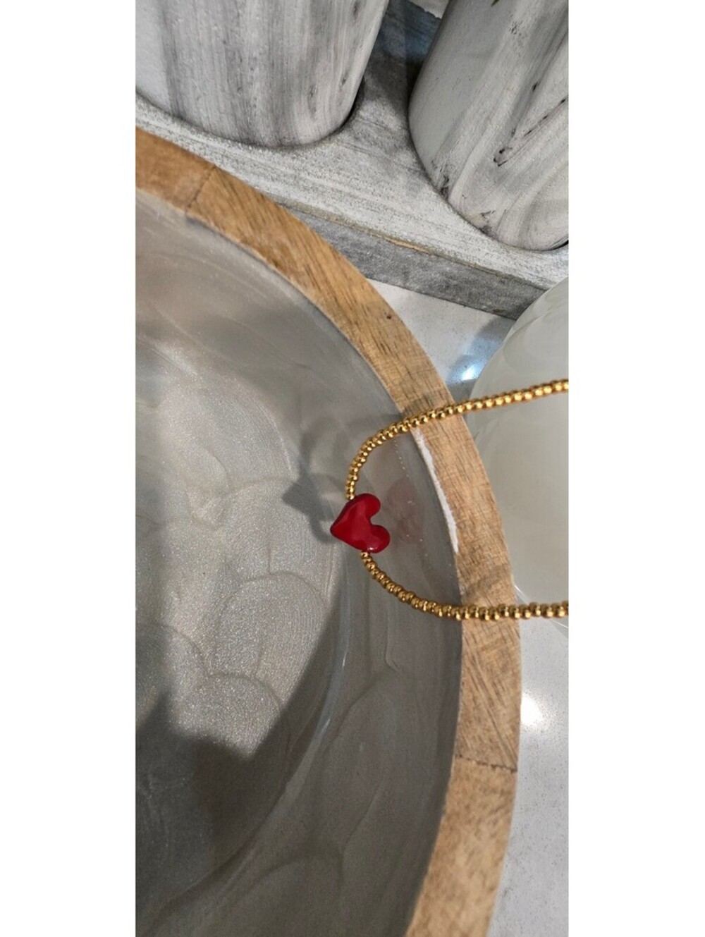Gold Beaded Bracelet with Red Heart Pendant